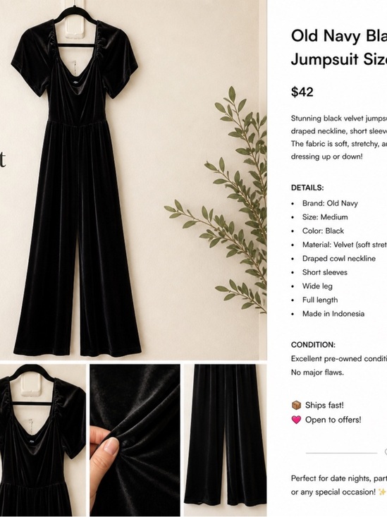 Old Navy Pants - Old Navy Black Velvet Short-Sleeve Cowl-Neck Jumpsuit